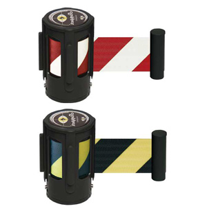 Zugband Wandmontage mit schwarzwer Gurtkassette und Gurt in Rot-Weiß oder Gelb-Schwarz